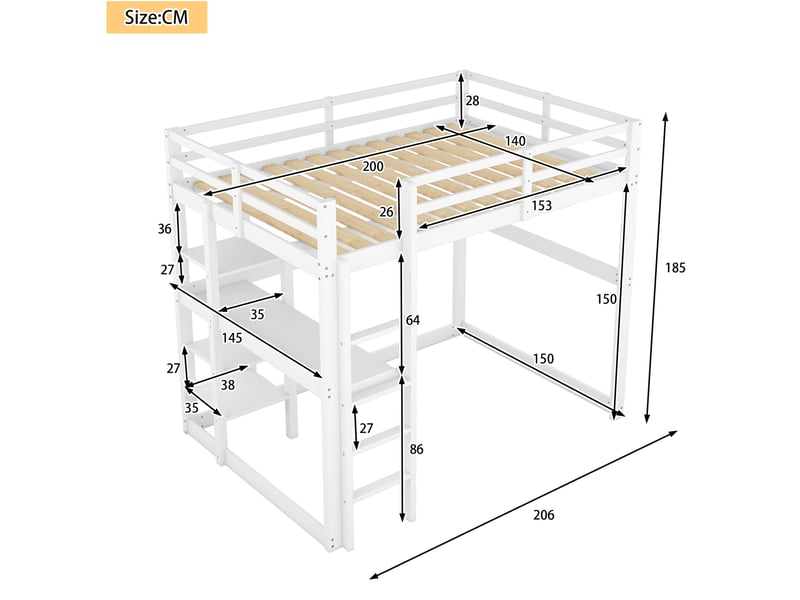  Lit mezzanine tcqpz 140 x 200 cm avec bureau et 4 espaces de rangement en pin blanc  - Conforama C