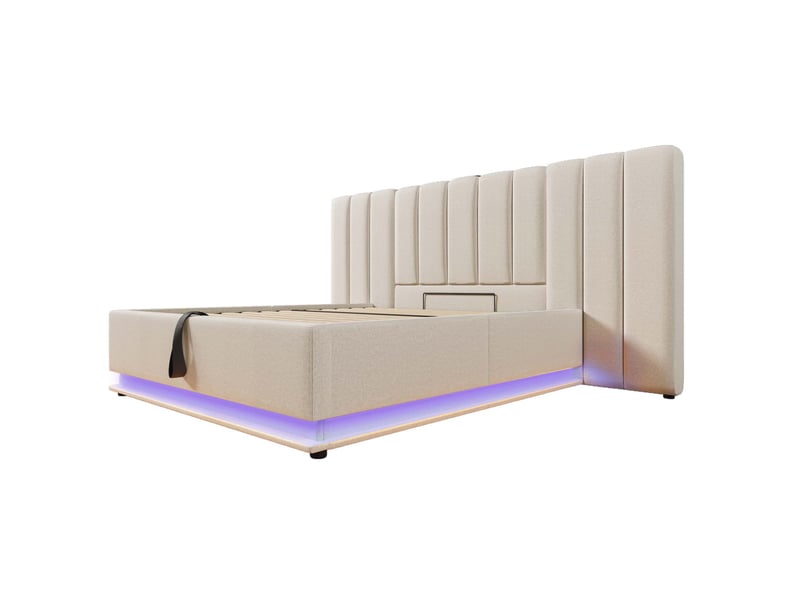 Lit rembourré, lit double 160x200 cm, rangement intégré, chevets intégrés, led, usbusb-c, matelas inclus, lin beige - Conforama B