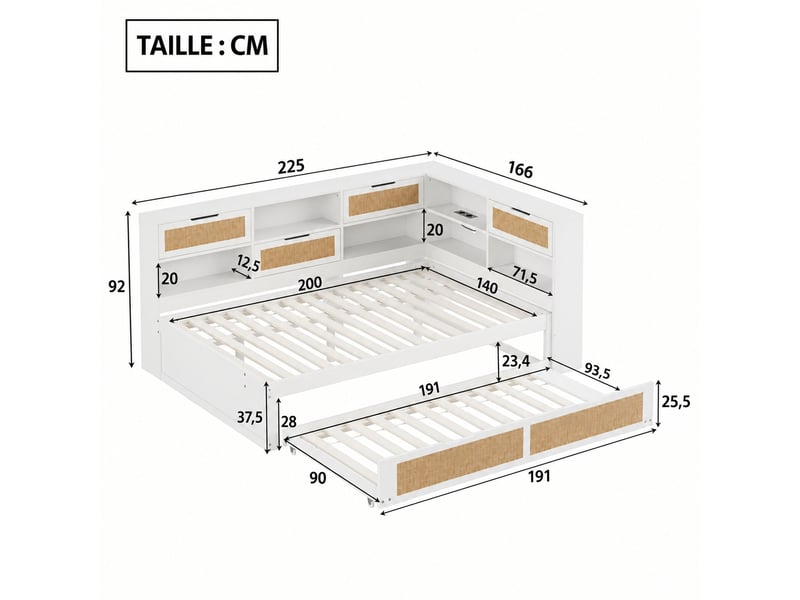  Canapé-lit en bois 140 x 200 cm avec couchage gigogne - rangements et ports usb, blanc  - Conforama C