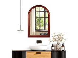 Grand miroir mural forme dôme arche 40x60 cm verre trempé hd – miroir contemporain étanche et anti-oxydation avec cadre décoratif rouge bordeaux pour salle d'eau
