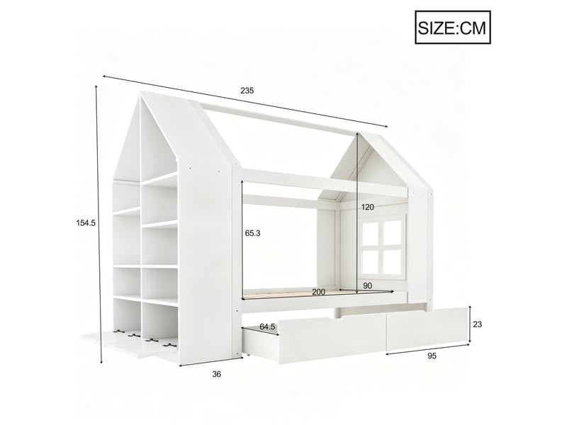  Lit cabane enfant 90x200 cm - 2 tiroirs et rangement - LED - lit multifonction en bois - Lit simple - Blanc  - Conforama C