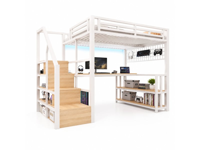  Lit mezzanine enfant 140 x 200 cm blanc avec bureau, rangement, led et prises usbtype-c  - Conforama A