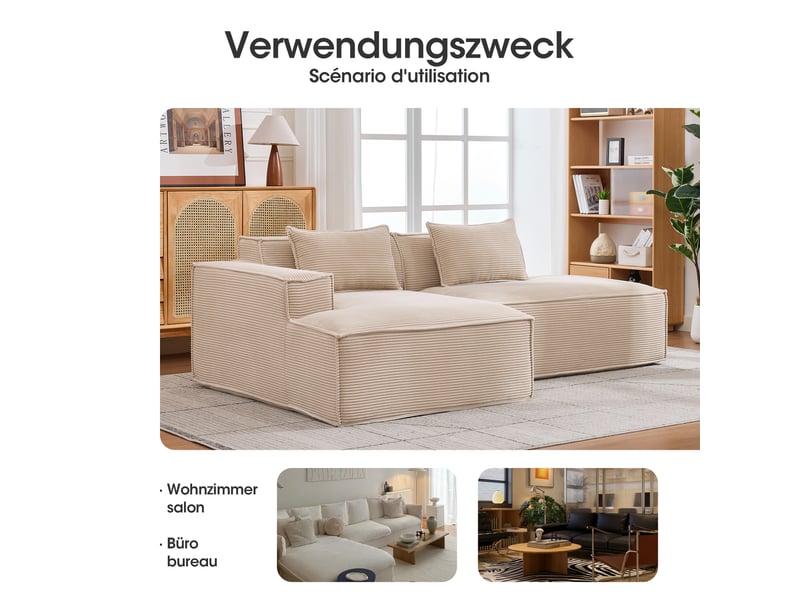  Canapé droit compact avec coussins d’assise élastiques  - tissu polyester rembourré kaki 235 × 129 × 70 cm  - Conforama E
