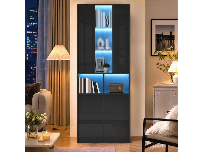  Armoire haute à 4 portes avec led pilotée par application - lpospi - 2 niches, mdf et panneaux de particules noir  - Conforama B