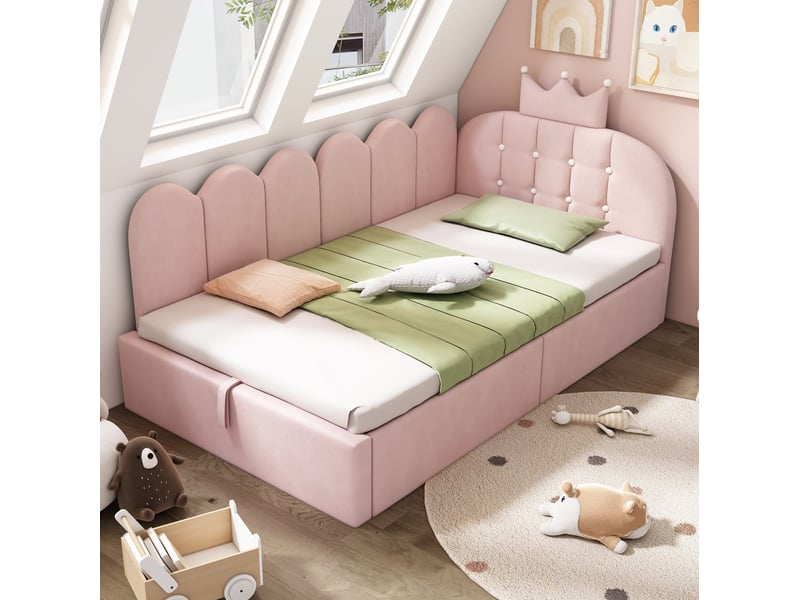  Lit coffre 90x200 cm avec méridienne en velours rose, motif couronne  - Conforama D