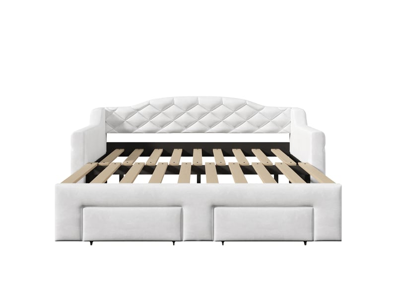 Canapé-lit extensible 90/180x200 cm, 2 tiroirs, led 7 couleurs, velours blanc, sans matelas - Conforama D