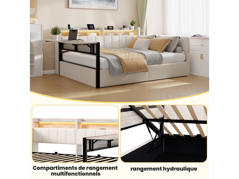  Lit coffre hydraulique 140x200 cm avec  led, table rabattable et usb-c, velours blanc, structure mdf, sans matelas  - Conforama R