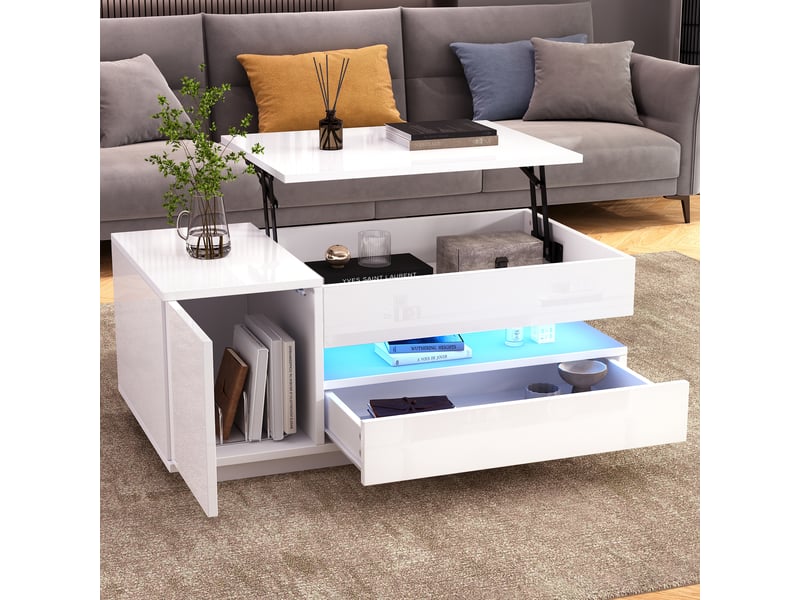  Table basse relevable blanche 95x50cm, table de salon avec led et plateau hydraulique, table basse avec rangement caché  - Conforama C