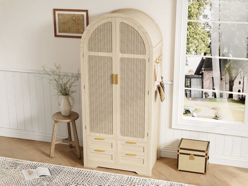  Armoire à portes galbées, 80 x 50 x 180 cm, grand espace de rangement, avec tringle et tiroirs, couleur chêne  - Conforama B