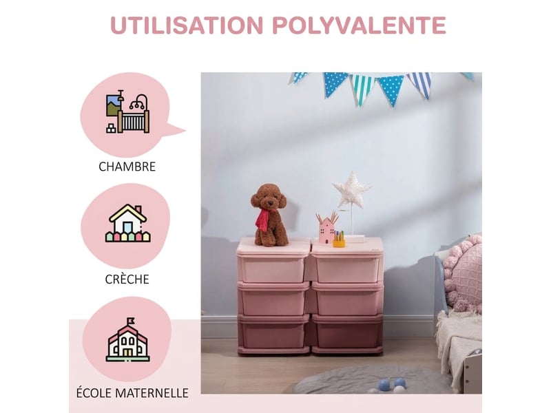  Meuble de rangement pour jouets enfant avec 6 tiroirs amovibles en plastique rose – commode et organisateur de chambre d'enfant avec assise et coins arrondis (75 x 37 x 56,5 cm)  - Conforama D