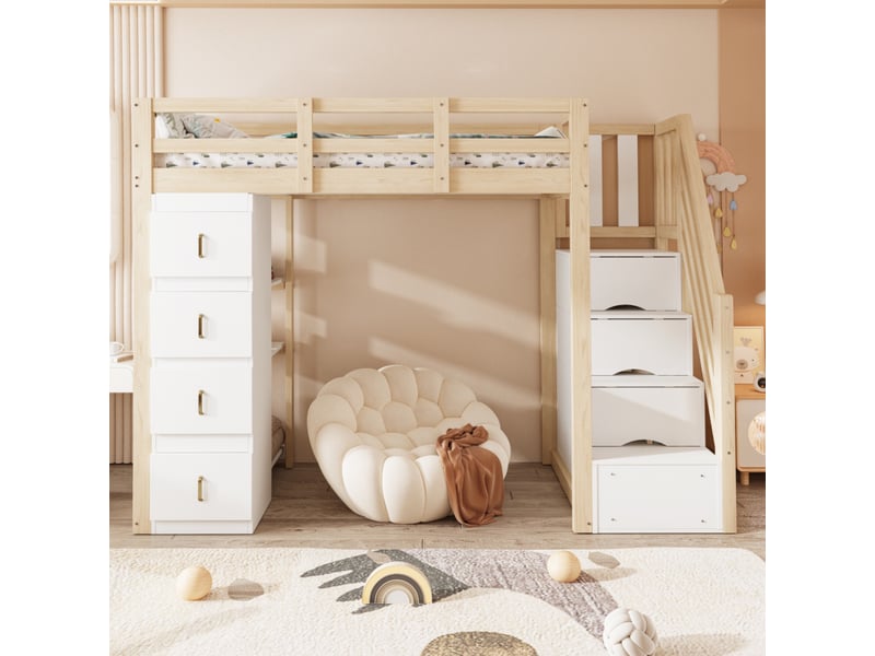  Lit enfant 90x200 cm - lit mezzanine 90x200 - avec commode 4 tiroirs - étagères de rangement - escalier de sécurité et - bois - blanc et chêne  - Conforama B