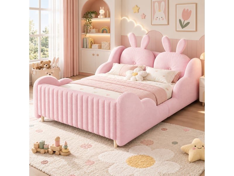  Lit enfant capitonné 140x200 cm rose en tissu bouclé, tête de lit coussin lapin et barrières nuage, sans matelas  - Conforama D