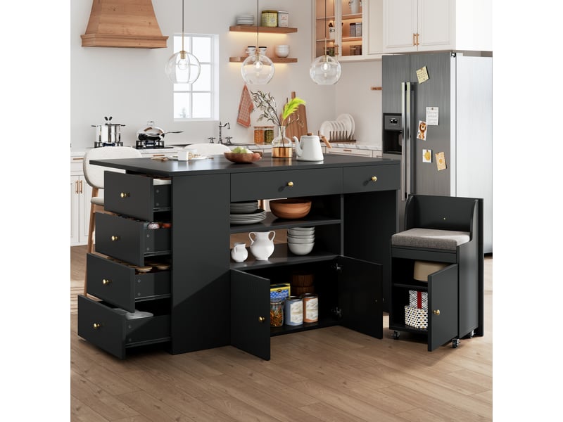 Îlot central avec tabouret et 6 tiroirs de rangement, îlot de cuisine noir en mdf et métal, dimensions 140x40x89 cm pour salle à manger - Conforama E