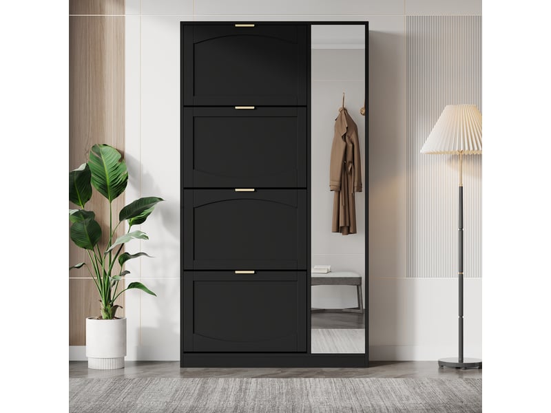 Meuble à chaussures avec miroir 80x24x147 cm, 5 portes, meuble d'entrée, meuble de salon, panneaux de particules, noir  - Conforama D