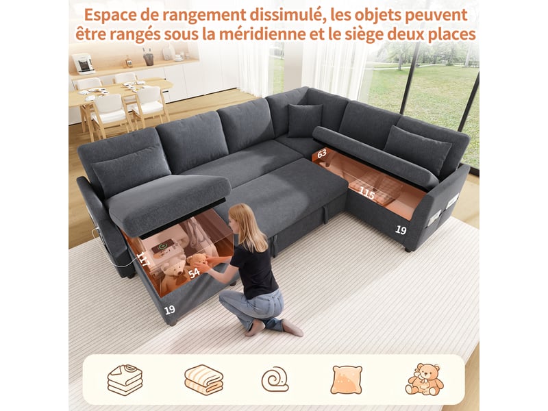  Canapé d'angle convertible 6 places 255x196 cm avec méridienne réversible, coffre de rangement, fonction lit, usb type-c et poches latérales - gris  - Conforama E