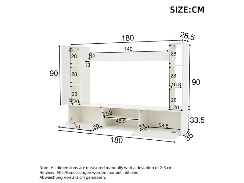  Ensemble meuble tv mural 180x35x33,5 cm avec rangements en panneau de particules blanc jusqu'à 50 pouces  - Conforama E