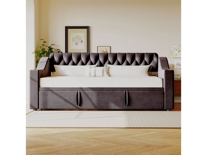  Canapé-lit rembourré 90180x190 cm, lit gigogne avec port de chargement usb, lit double avec rangement intégré, velours, gris foncé  - Conforama C