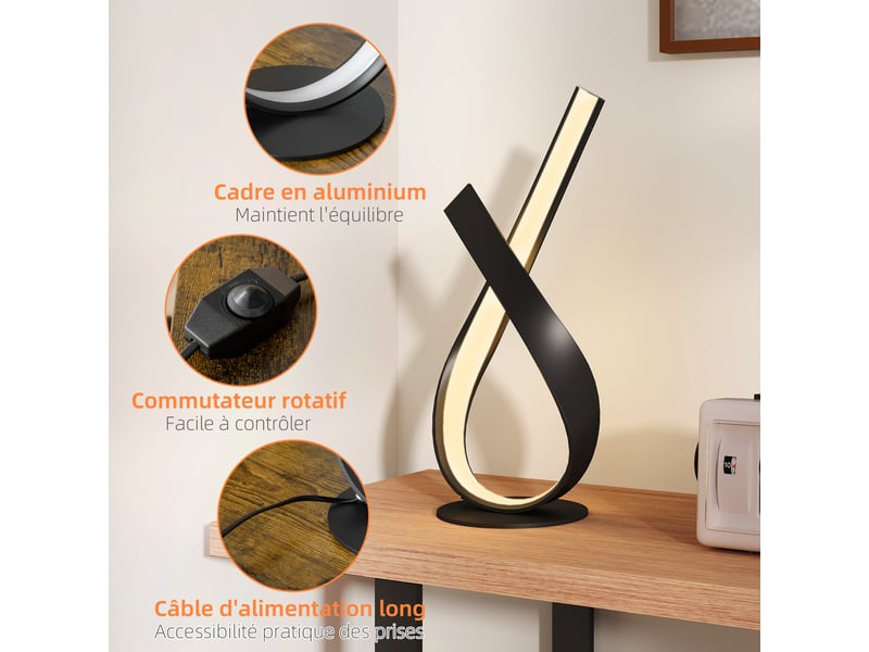  Lampe à poser design contemporain - lampe de table design spirale - alu. Noir led blanc chaud - dim. 21l x 15l x 43h cm  - Conforama R