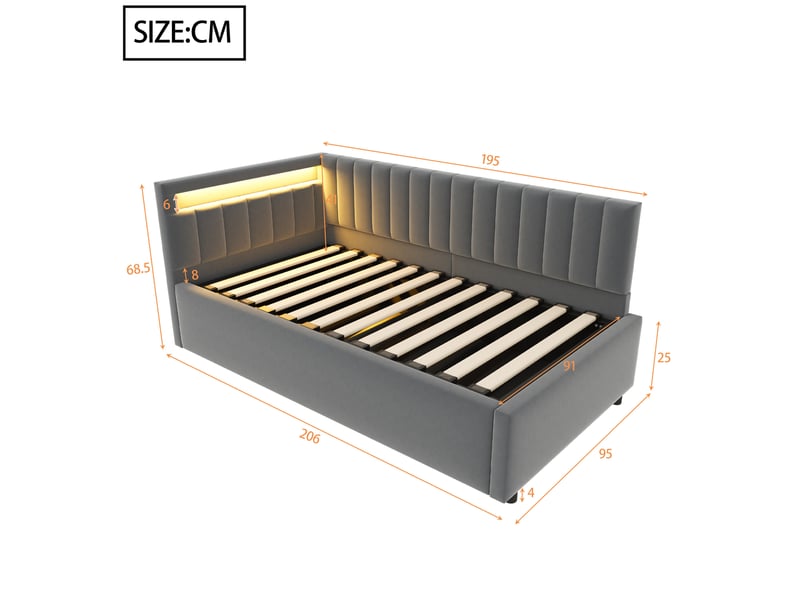  Lit banquette 90x200 cm avec rangement hydraulique et led, velours gris  - Conforama E