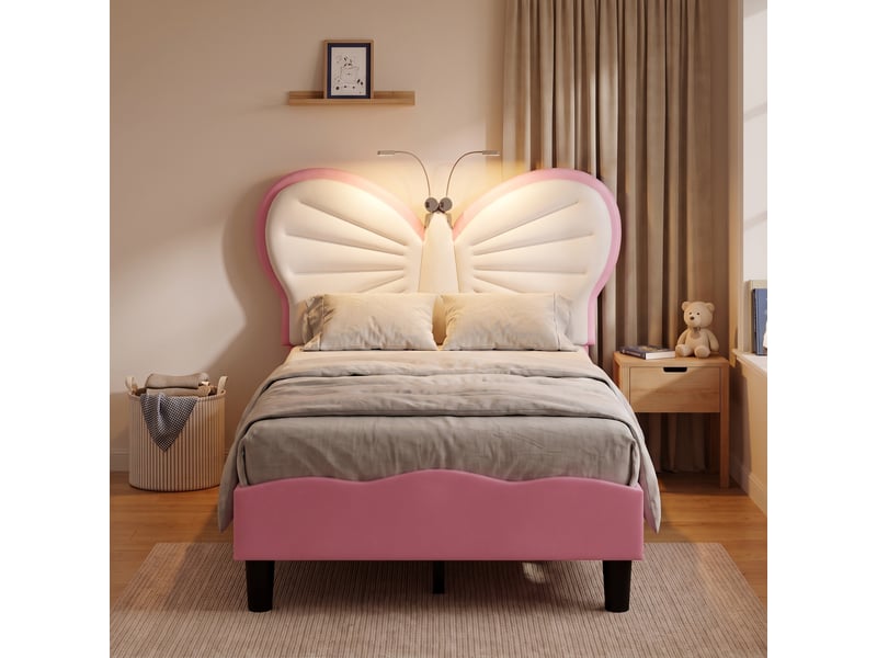  Lit simple 90x190 cm, lit enfant capitonné avec lampe de lecture, tête de lit papillon réglable et sommier, velours, rose et blanc  - Conforama B
