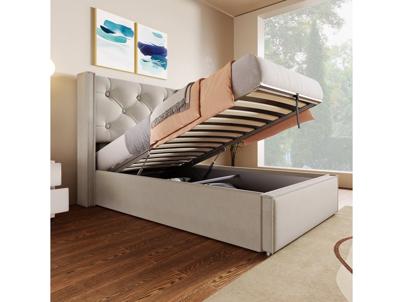  Lit coffre rembourré 90 x 200 cm en tissu coton gris clair, sommier à lattes, tête de lit capitonnée 830607AAH - Conforama E