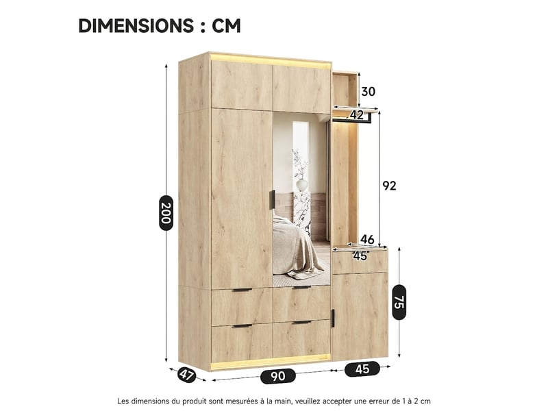  Armoire blanche 180x50x200 cm avec panier à linge intégré et 6 tiroirs  - Conforama W