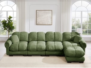 Canapé modulable d’angle en l 4 places avec pouf mobile, chenille vert, assise matelassée, 330 x 149 x 90 cm