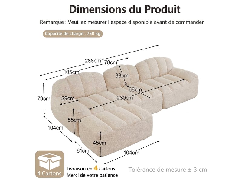  Canapé d'angle modulable 3 places avec pouf intégré - tissu bouclette beige blanc - assise profonde  - Conforama C