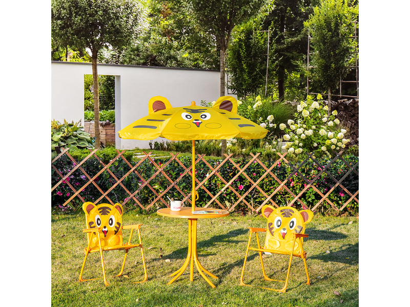 Ensemble de jardin 4 pièces pour enfants comprenant 2 chaises, un parasol et une table ronde, en tissu oxford acier et jaune.  - Conforama C