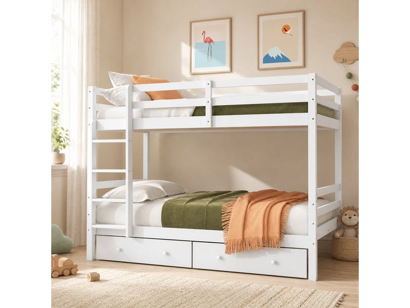  Lit superposé enfant 140x200 cm blanc avec tiroirs, échelle et matelas inclus  - Conforama B