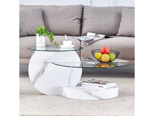 Table basse à 2 plateaux en verre trempé avec structure mdf et finition marbre blanc pour salon, 78,5 × 79 × 24,5 cm