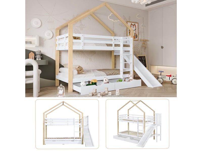 Lit superposé enfant 200×90 cm avec toboggan, 2 tiroirs et échelle à 3 marches, en bois et mdf, blanc et naturel - Conforama E
