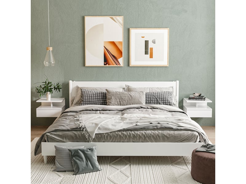  Ensemble de 2 tables de chevet murales modernes avec tiroir et étagère en bois, 35 x 32 x 22,5 cm, blanc brillant  - Conforama C