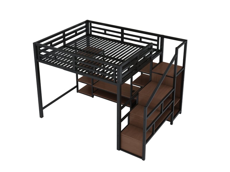  Lit mezzanine 140 × 200 cm 2 places avec meuble tv, prise, échelle de rangement, sans matelas, métal noir  - Conforama E