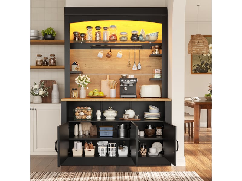  Buffet haut de cuisine 101,5x40x174 cm avec plan de travail, led rgb via application, étagères réglables, 6 crochets, 3 tablettes latérales, noir  - Conforama C