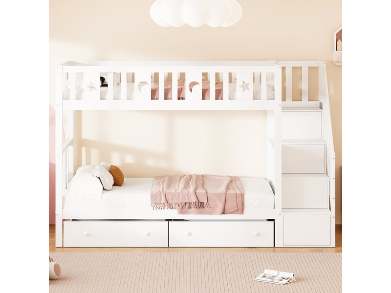 Lit superposé enfant 90x200 cm avec 2 couchages, escalier avec rangements, tiroirs, barrières de sécurité, bois massif, blanc  - Conforama D