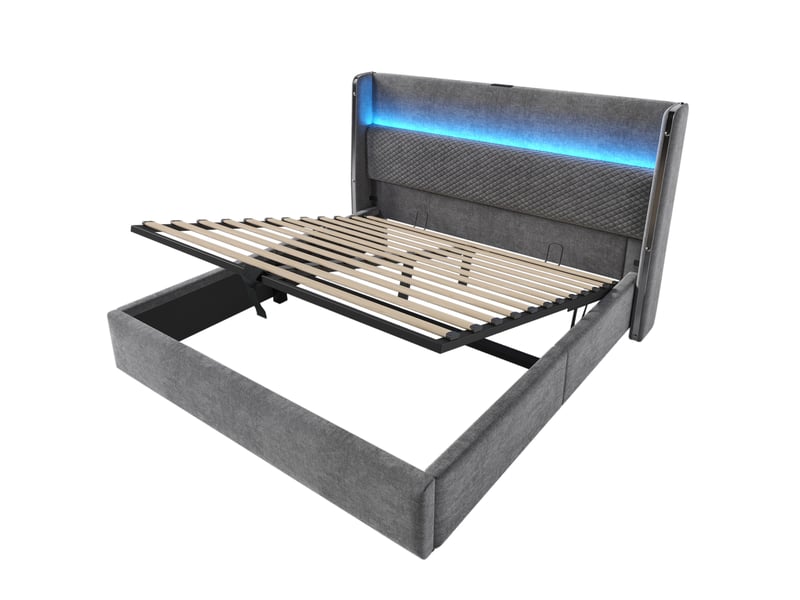 Lit coffre 140x200cm, lit double, led, tête de lit en lin gris, charge, sommier en bois, métal, matelas non inclus - Conforama R