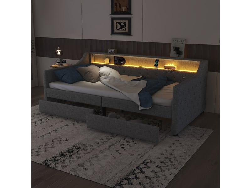  Modenvie lit banquette 90x200 cm - led télécommandée, 2 tiroirs, port usb, sans matelas - gris  - Conforama D