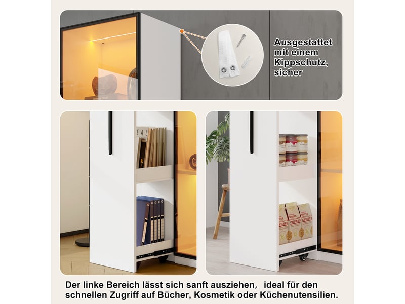 Armoire multifonction 160 cm blanche, vitrine avec éclairage led et bibliothèque coulissante, meuble de rangement pour salon et salle à manger. - Conforama E