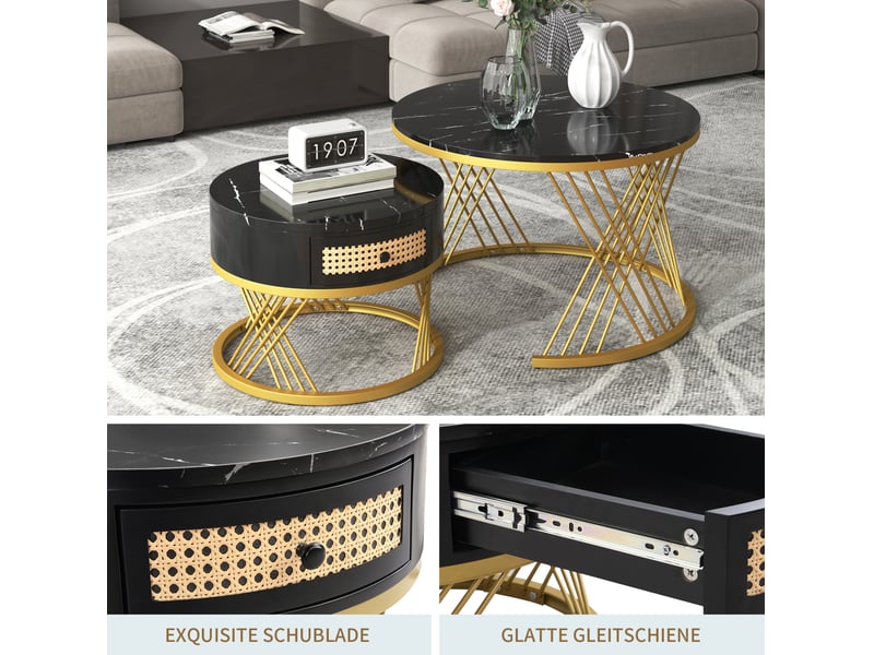  Tables basses gigognes rondes avec 1 tiroir et 2 plateaux, style moderne, pour salon, en mdf, noir et doré  - Conforama E