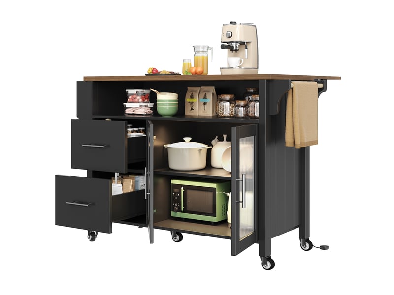  Îlot de cuisine noir avec plateau rabattable, portes en verre changhong, éclairage led intégré et porte-serviettes latéral  - Conforama D