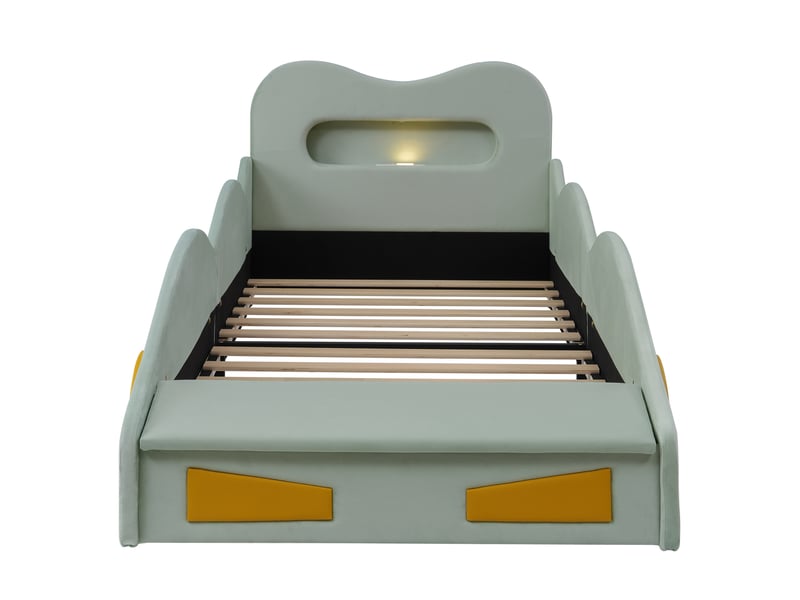 Lit enfant voiture 90x200 cm avec rangement en flanelle verte, sans matelas - Conforama D