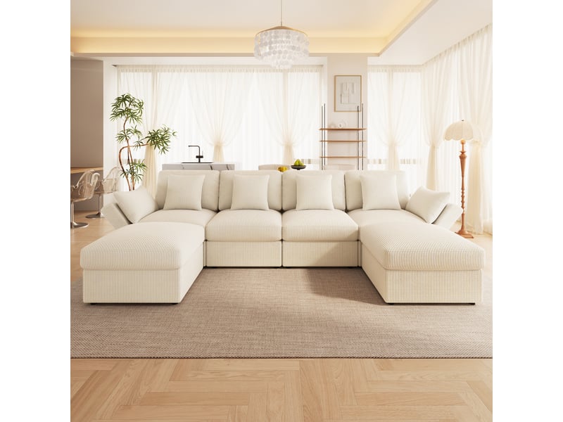 Canapé d’angle beige, canapé modulaire pour salon six places en velours côtelé avec poufs amovibles et accoudoirs réglables - Conforama D