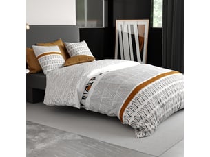 Parure housse de couette 260x240cm + 2 taies motif graphique blanc, noir et jaune 100% coton - selina