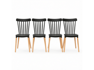 Lot de 4 chaises de salle à manger dossier ajouré  - pieds en hêtre, pp noir naturel - 48 × 52,5 × 83 cm