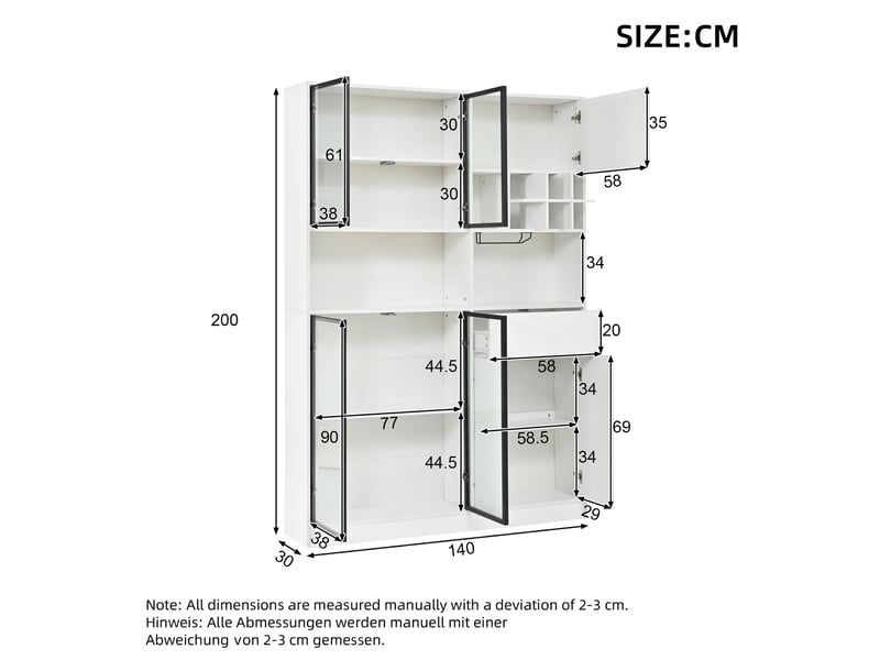 Vitrine 140x30x200 cm en panneau de particules, 7 portes dont 4 en verre trempé, led app, 1 tiroir, porte-verres et 9 niches - blanc - Conforama C