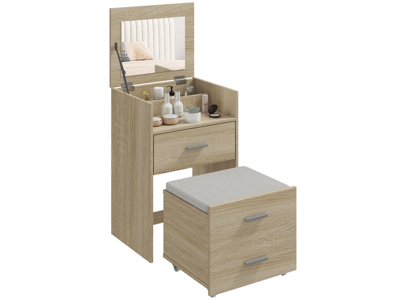  Coiffeuse avec miroir pliant, tiroirs et tabouret, en bois et tissu effet lin, coloris bois  - Conforama A