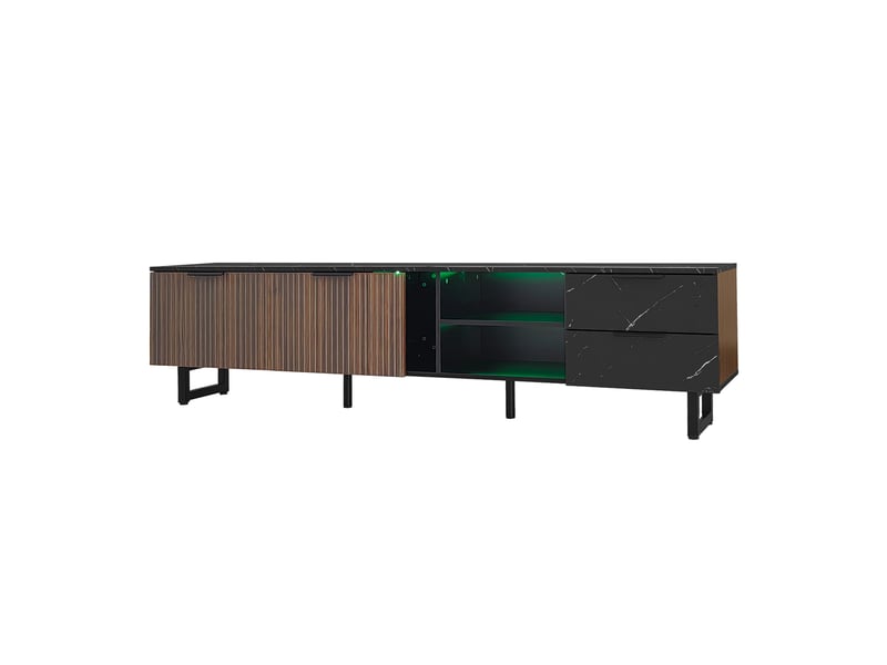Meuble tv 200 cm effet marbre noir et bois foncé avec led contrôlable par application - Conforama W