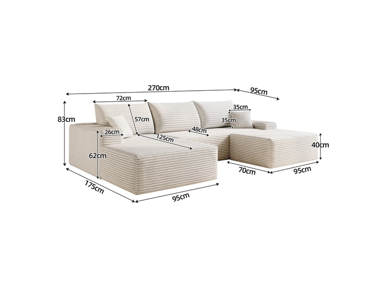  Canapé d'angle modulaire 270cm - canapé en l avec méridienne gauche, velours côtelé, sans montage - blanc  - Conforama D