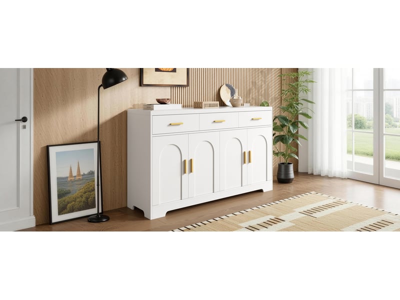  Buffet blanc 140 cm en mdf, 4 portes à relief arqué et 3 tiroirs, étagères réglables et poignées dorées  - Conforama B